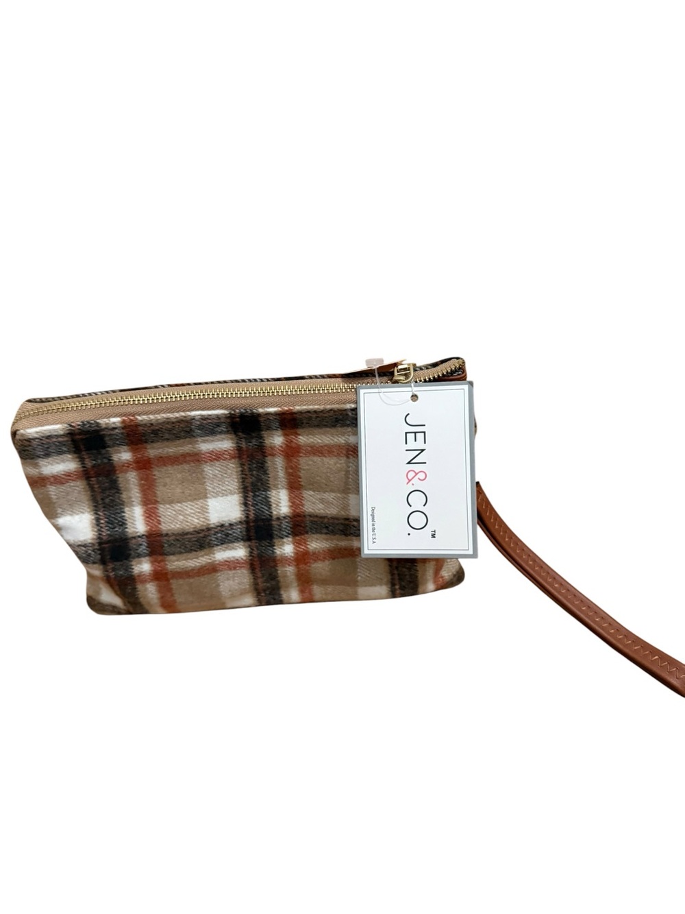 JEN & CO Plaid Wristlet Clutch in Brown Plaid